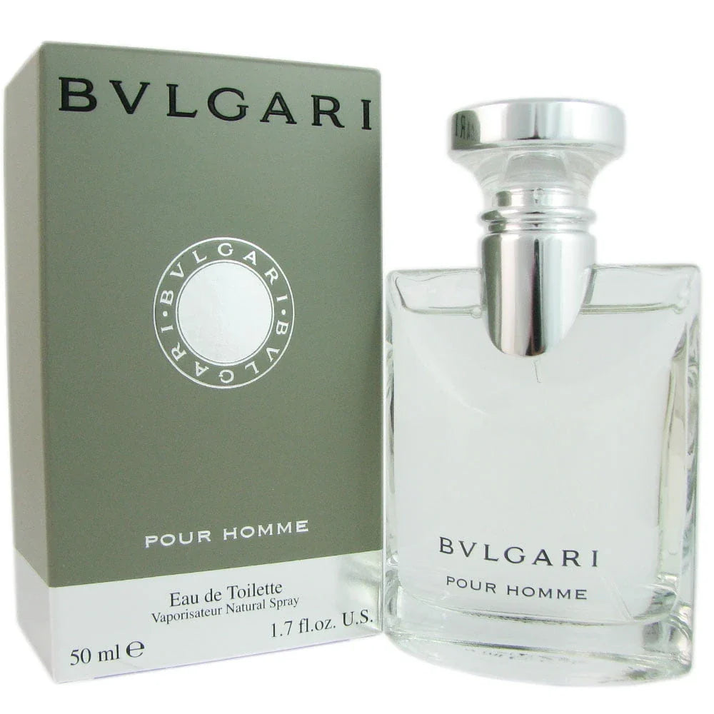 Bulgari Pour Homme perfume bottle and packaging on a white background