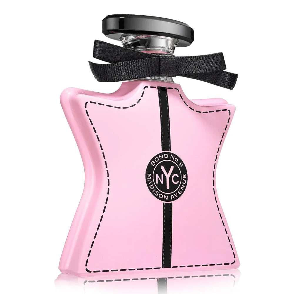 Pink perfume bottle with black bow and 'NYC' logo on a white background