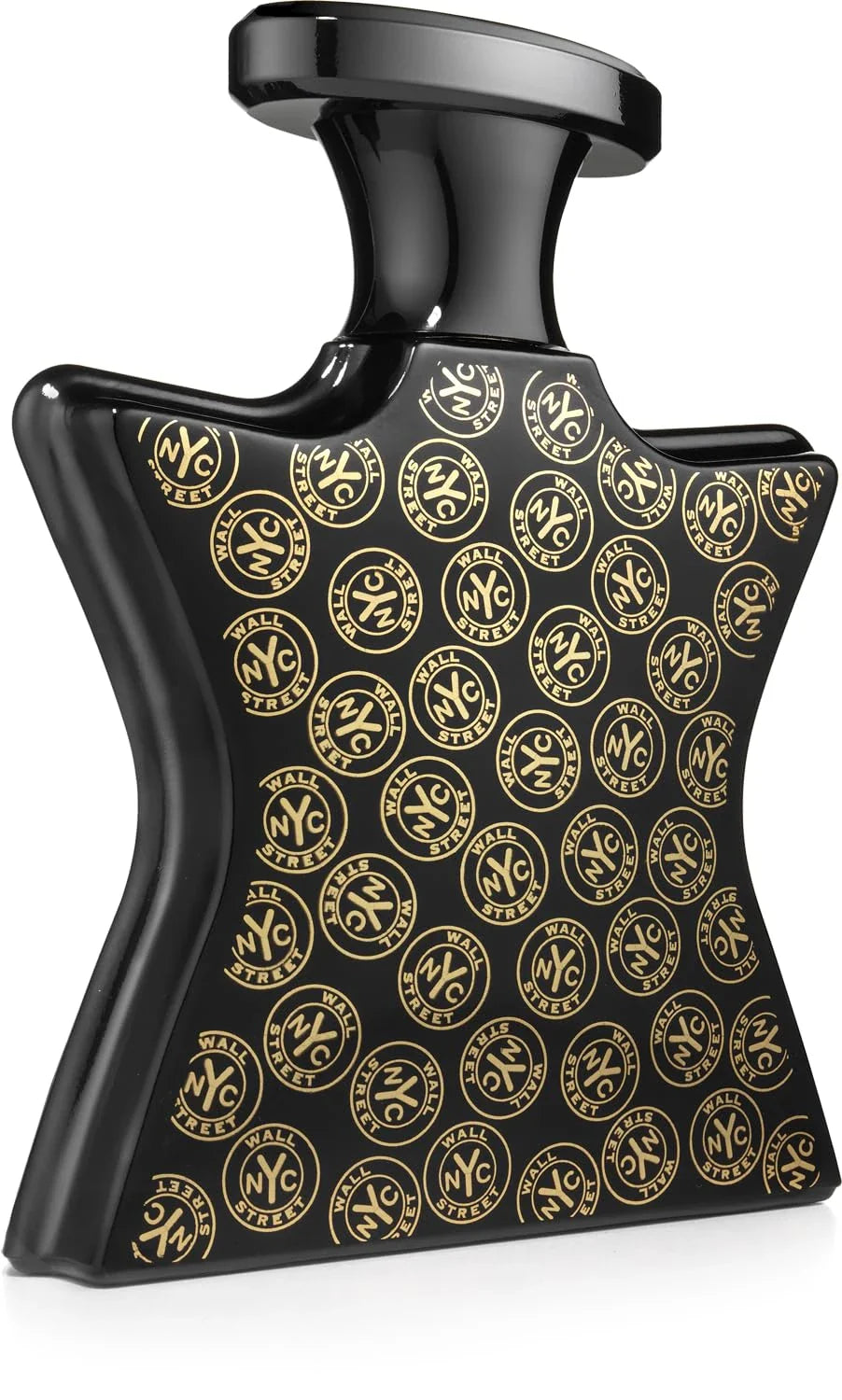 Black perfume bottle with gold logo pattern on a white background
