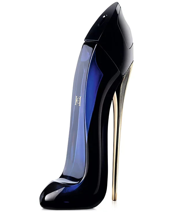 Black high-heeled shoe with blue interior on a white background