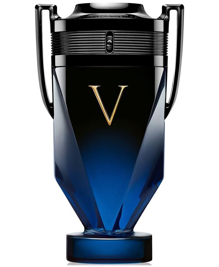 Blue and black perfume bottle with a gold 'V' on a white background