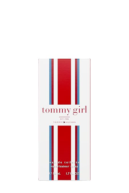 Tommy Hilfiger Tommy Girl perfume packaging with red and blue stripes on a white background