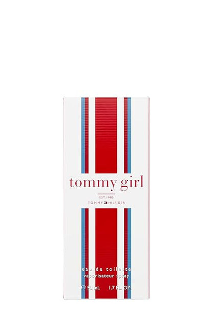 Tommy Hilfiger Tommy Girl perfume packaging with red and blue stripes on a white background