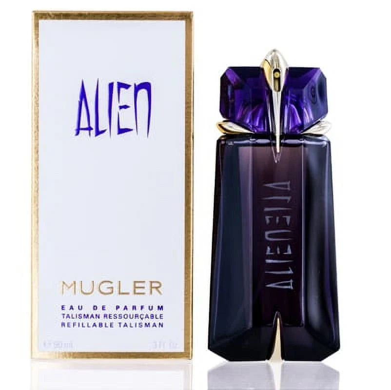 Mugler Alien perfume bottle and packaging on a white background