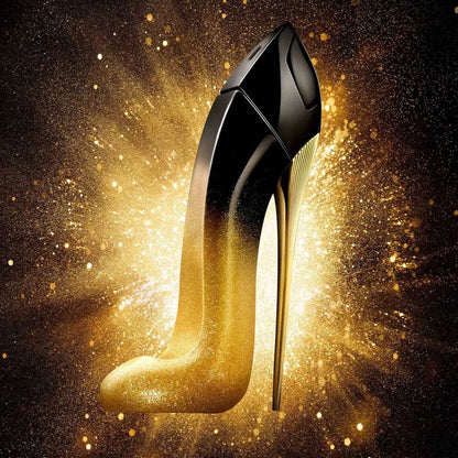 Black high-heeled shoe with gold glitter on a dark background