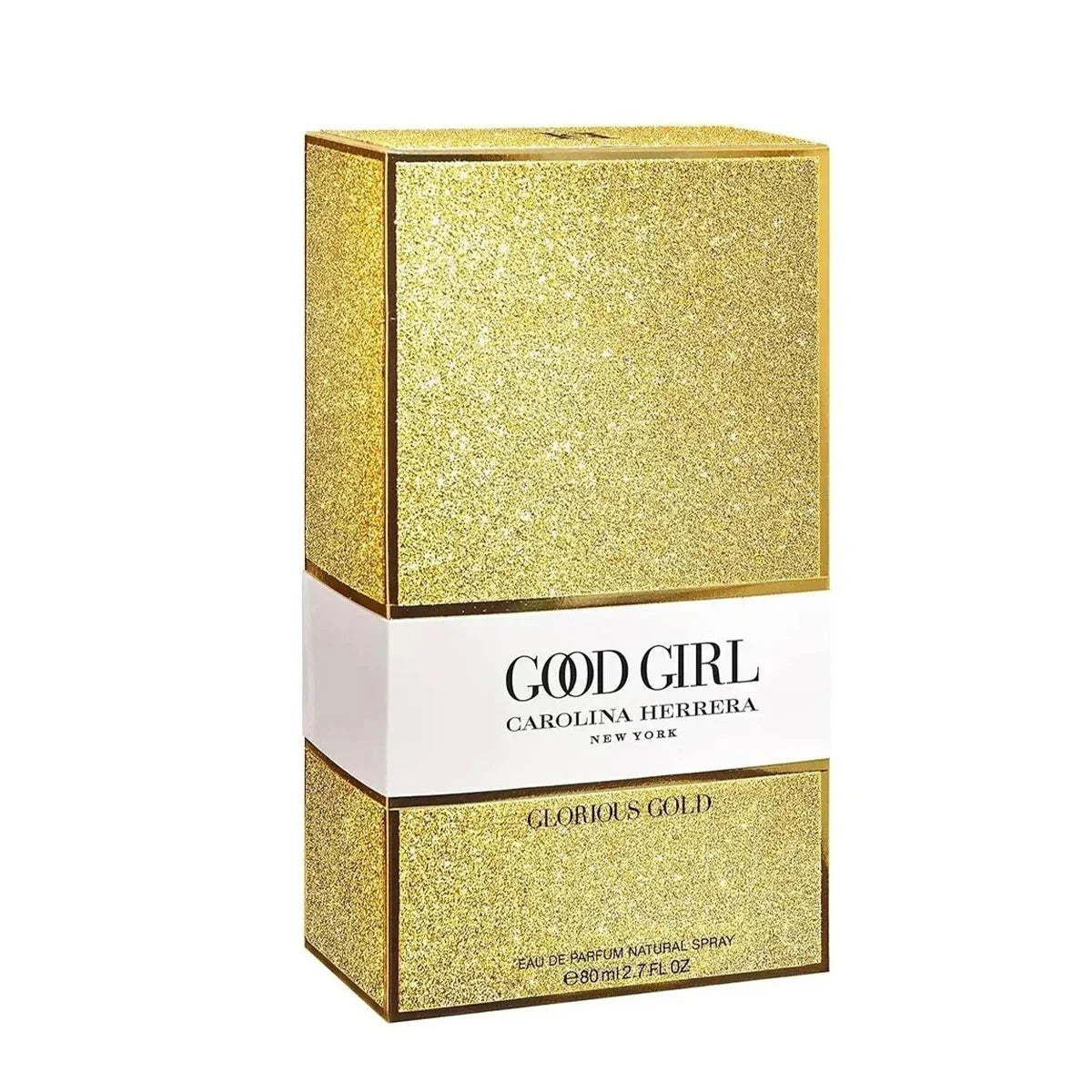 Gold and white packaging of Carolina Herrera Good Girl Glorious Gold perfume.