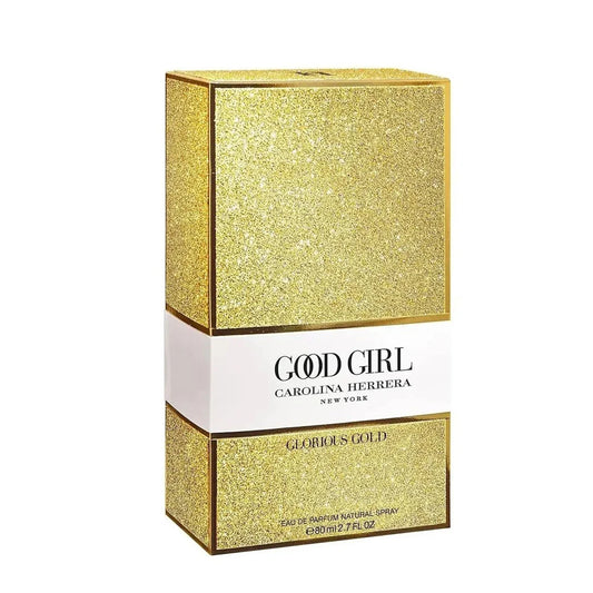 Gold and white packaging of Carolina Herrera Good Girl Glorious Gold perfume.