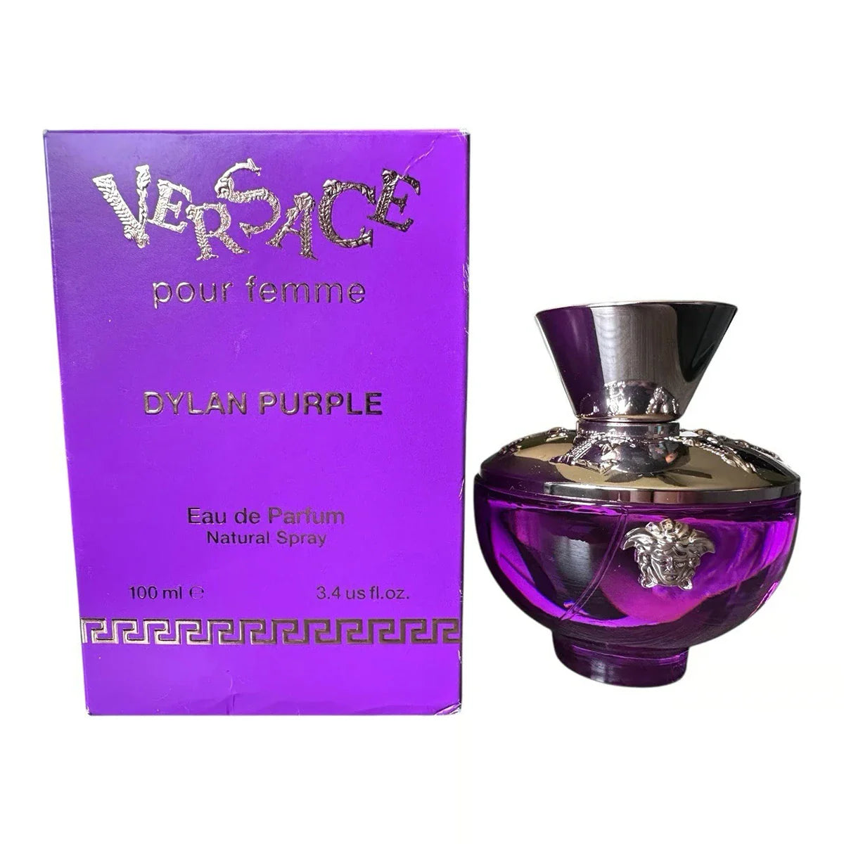 Versace Dylan Purple perfume bottle and packaging on a white background