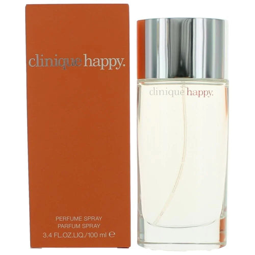 Clinique Happy perfume bottle and packaging on a white background