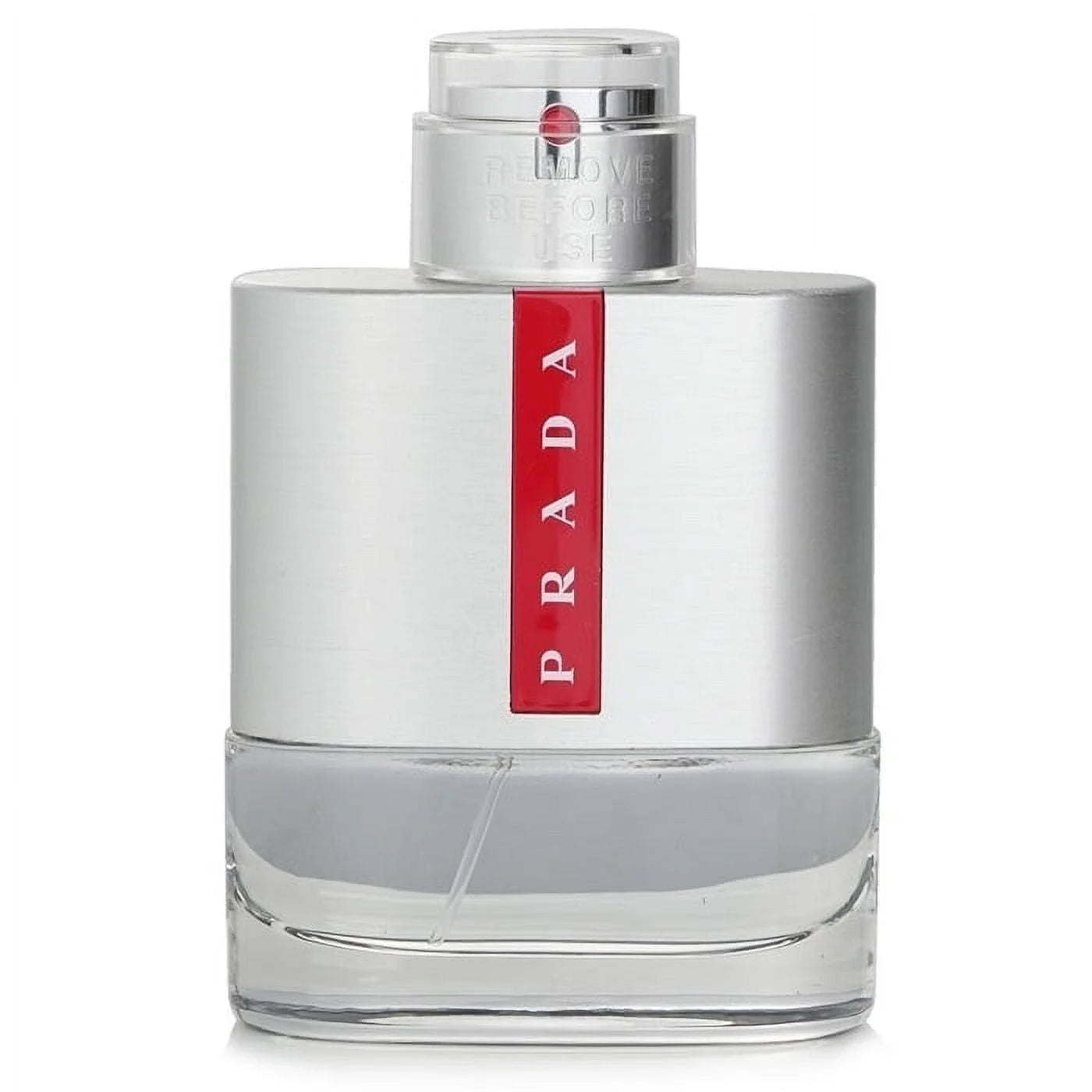 Prada perfume bottle with red label on a white background