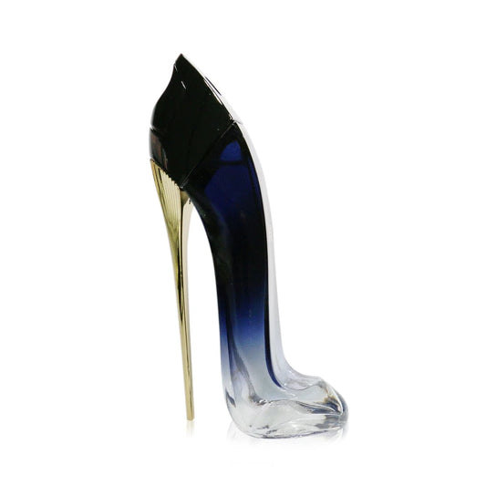 Glass shoe with black, gold, and clear design on a white background