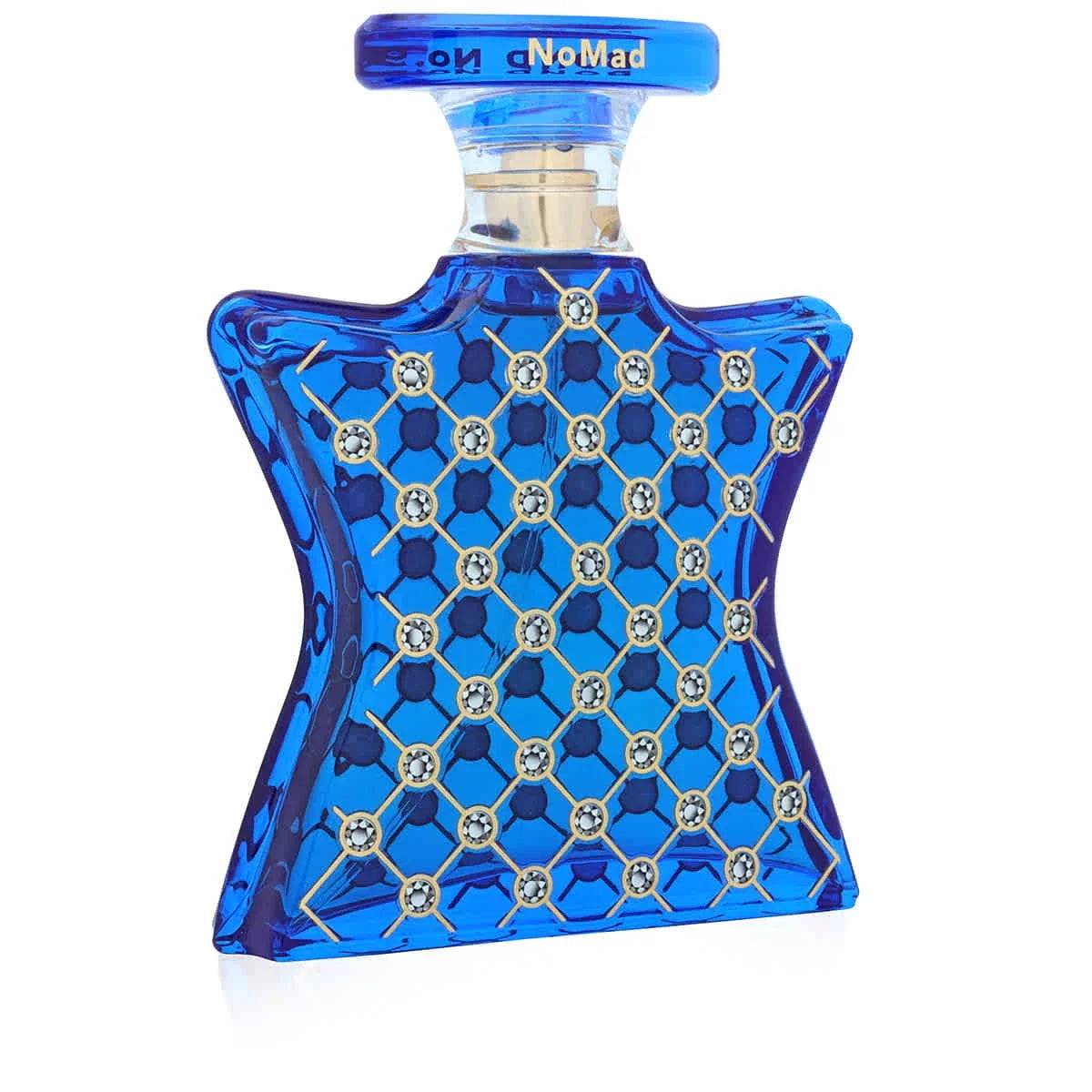 Blue perfume bottle with diamond pattern on a white background