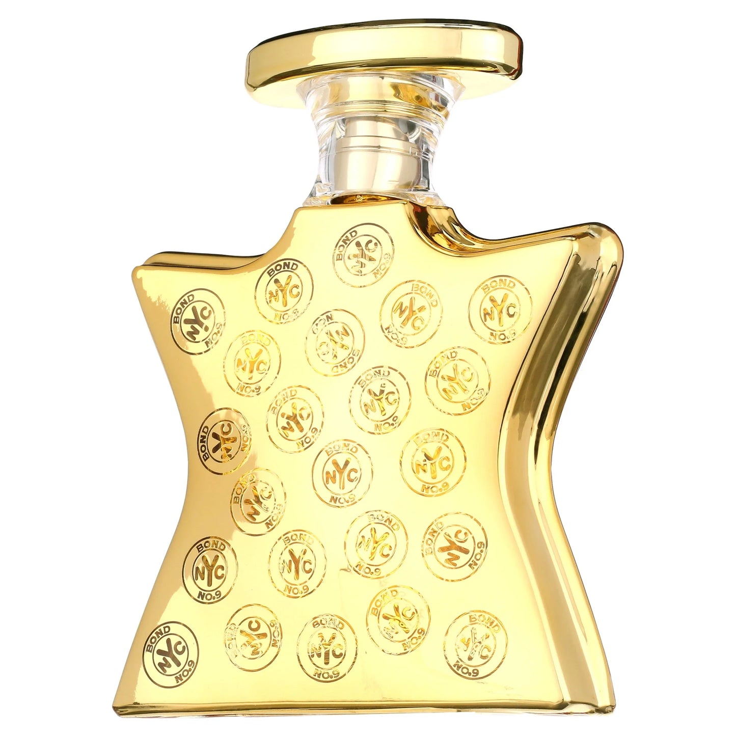 Gold perfume bottle with decorative design on a white background