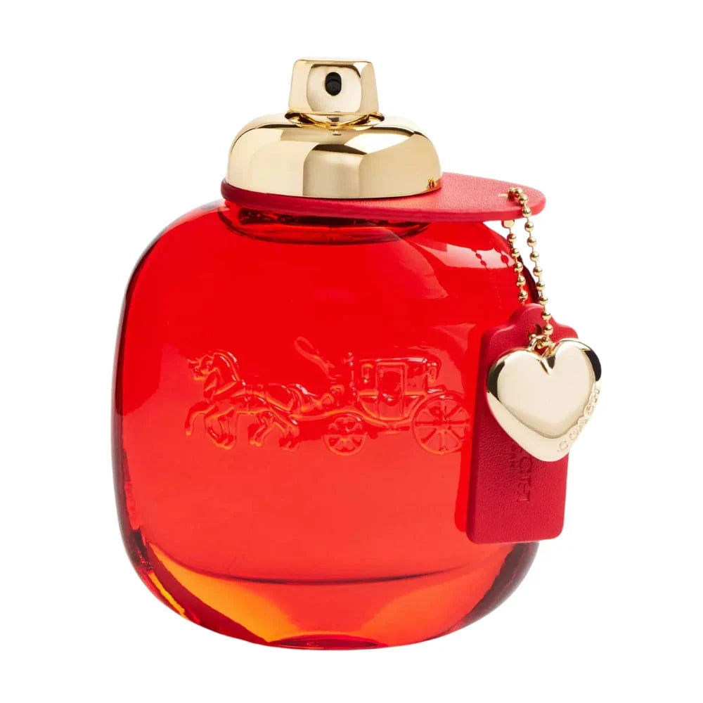 Red perfume bottle with gold cap and heart-shaped tag on a white background
