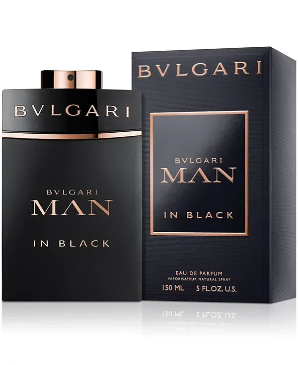 Bulgari Man in Black perfume bottle and packaging on a white background