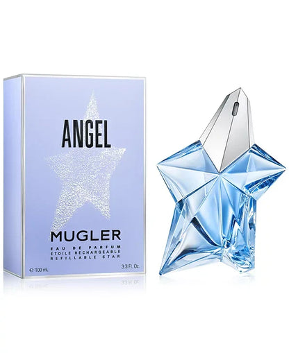Mugler Angel perfume bottle and packaging on a white background