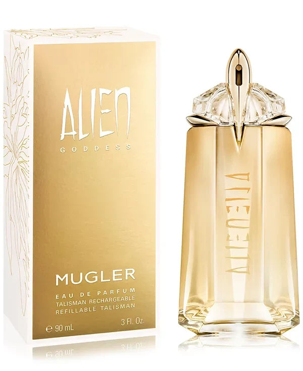 Mugler Alien Goddess perfume bottle and packaging on a white background