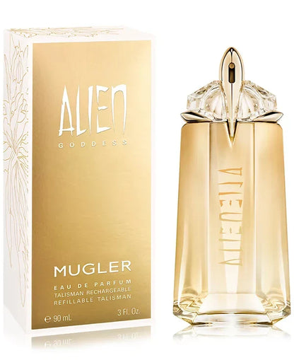 Mugler Alien Goddess perfume bottle and packaging on a white background