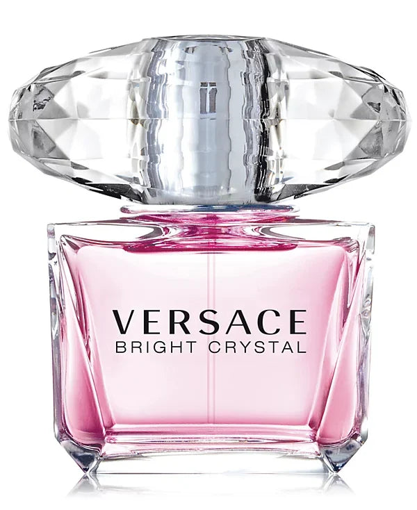 Versace Bright Crystal perfume bottle with pink base and clear cap on a white background