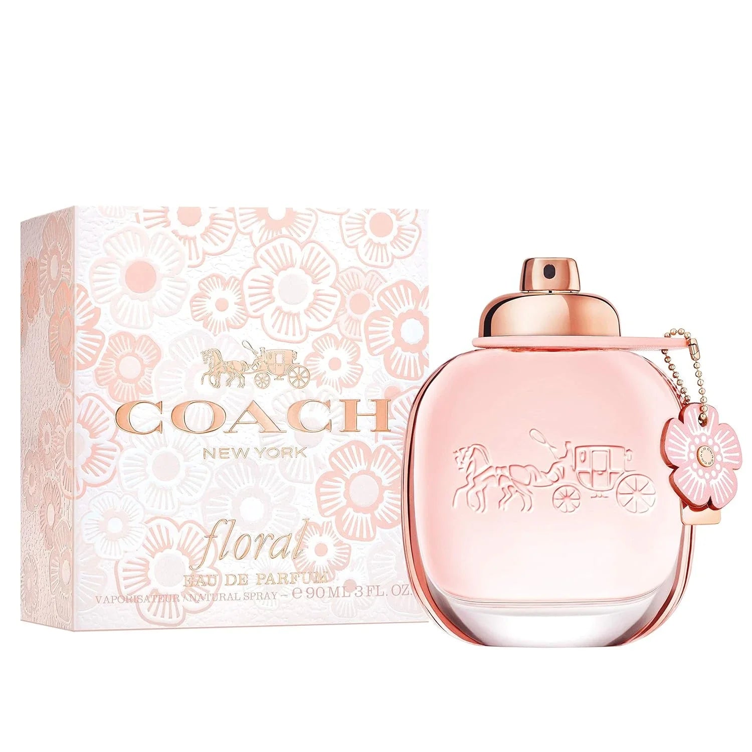 Coach floral eau de parfum bottle and packaging on a white background