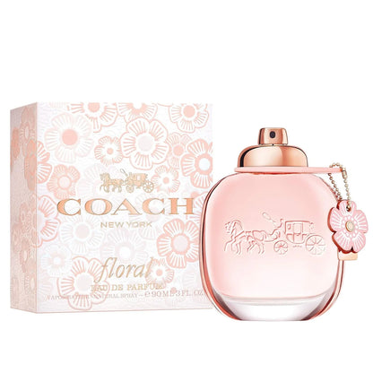 Coach floral eau de parfum bottle and packaging on a white background