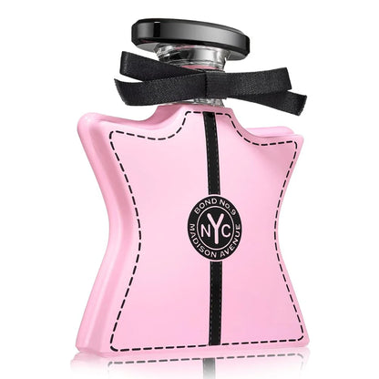 Pink perfume bottle with black bow and 'NYC' logo on a white background