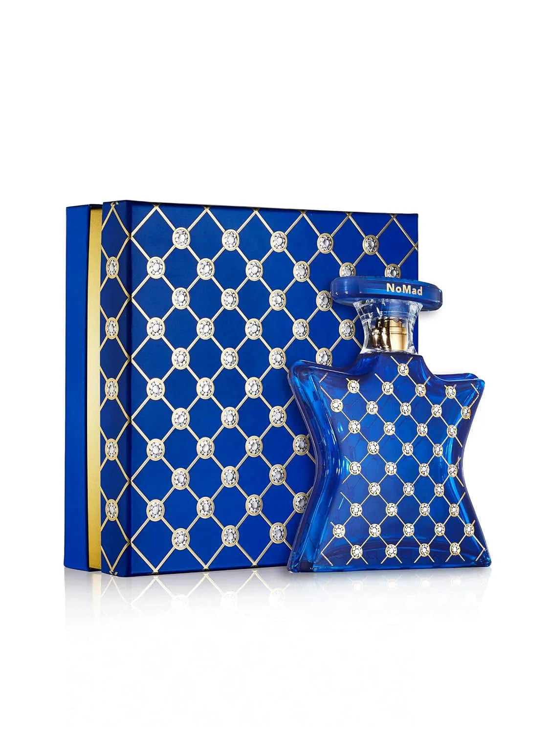 Blue patterned perfume bottle and packaging on a white background
