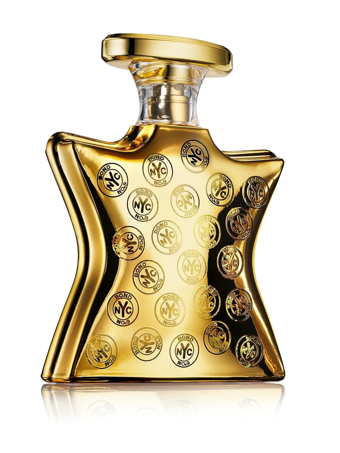 Gold perfume bottle with decorative elements on a white background