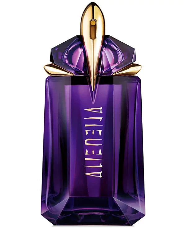 Purple perfume bottle with gold cap on a white background