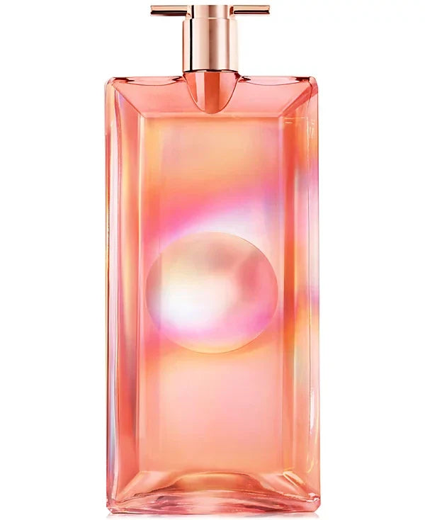 Gradient pink and orange perfume bottle with a metallic cap on a white background