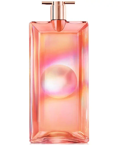 Gradient pink and orange perfume bottle with a metallic cap on a white background