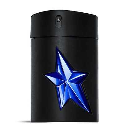 Black spray bottle with a blue star design on a white background