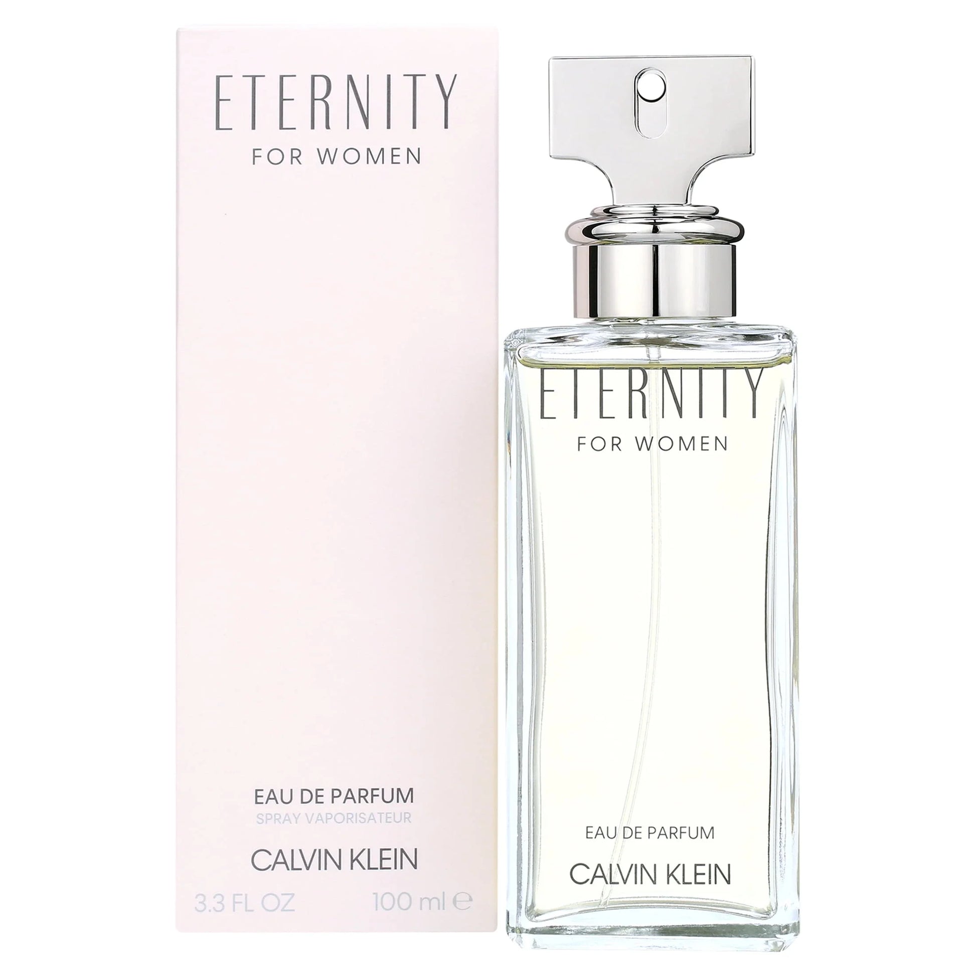 Calvin Klein Eternity for women eau de parfum bottle and packaging on a white background