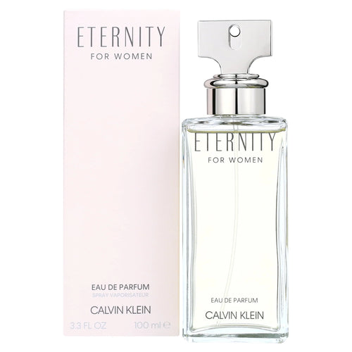 Calvin Klein Eternity for women eau de parfum bottle and packaging on a white background