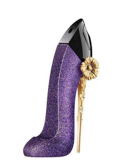 Purple glitter high-heeled shoe-shaped perfume bottle with gold accents on a white background