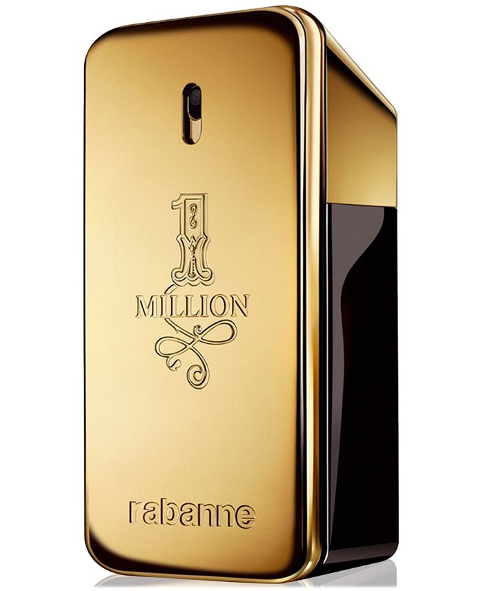 Gold perfume bottle with '1 Million' and 'Paco Rabanne' branding on a white background