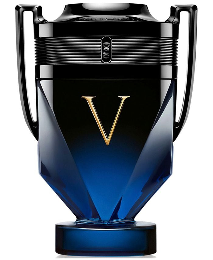 Perfume bottle with a gold 'V' logo on a white background