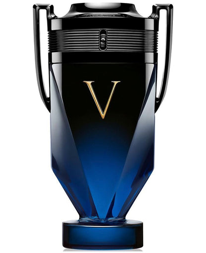 Blue and black perfume bottle with a gold 'V' on a white background